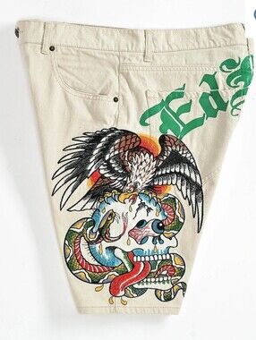 NWT Ed Hardy Battle Skull Skater Denim Loose Fit Mens Casual Shorts - Khaki